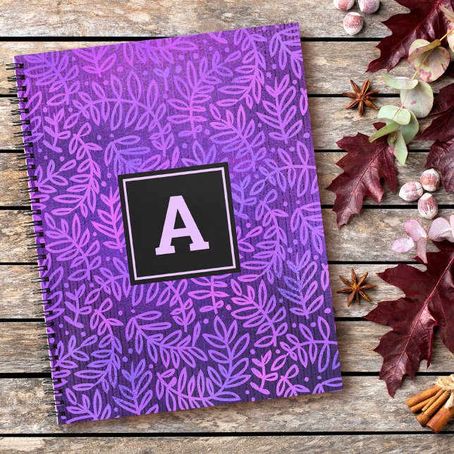 Monogram modern foliage leaves pattern purple  notebook (Creator Uploaded)