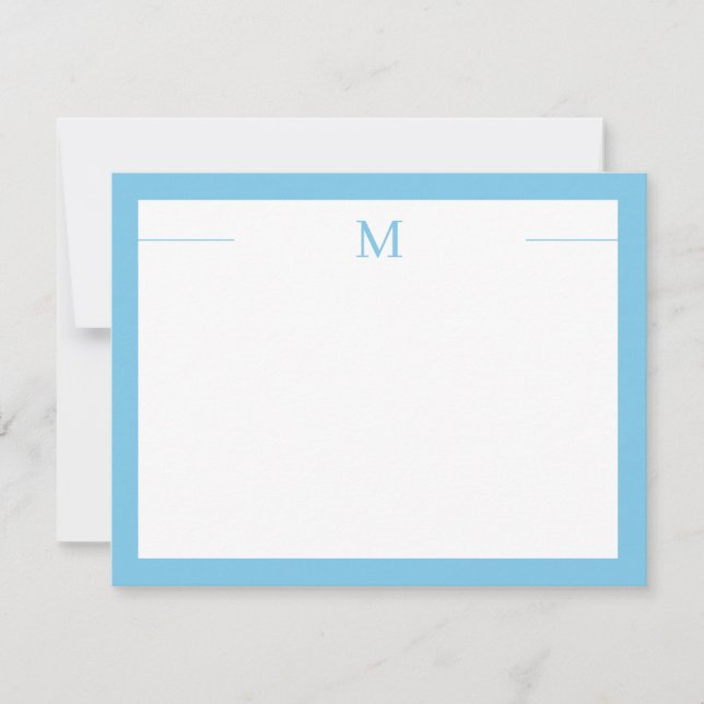 Monogram Modern Frame Blue White Flat Note Card (Front)