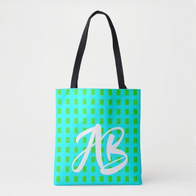 Monogram Modern  Fun Aqua Blue and Green Tote Bag (Front)