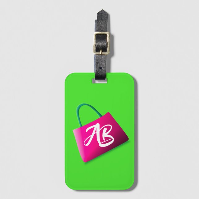 Monogram Modern Fun  Bright Green Pink Luggage Tag (Front Vertical)