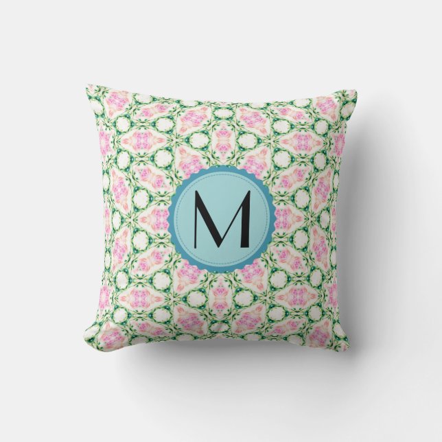 Monogram Modern Geometric Pink Floral Pattern Throw Pillow (Front)
