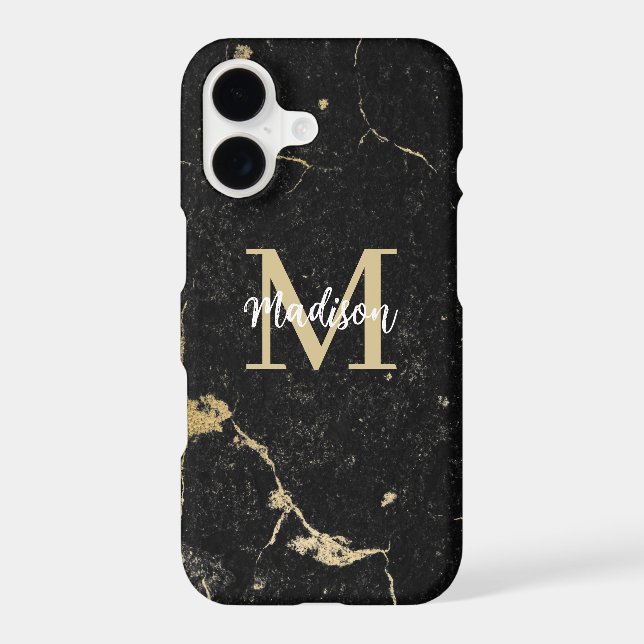 Monogram Modern Gold Black Marble Iphone Case (Back)