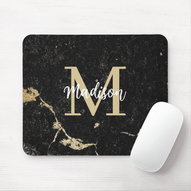 Monogram Modern Gold Black Marble Mouse Pad (With Mouse)