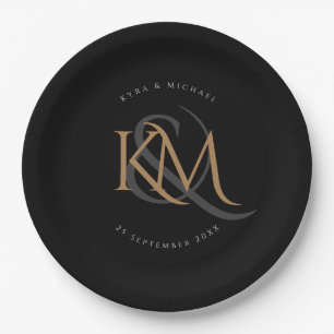 Monogram Modern Gold Script Black Elegant Wedding Paper Plates