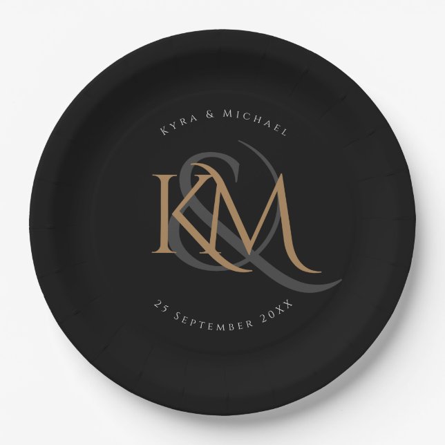 Monogram Modern Gold Script Black Elegant Wedding Paper Plates (Front)