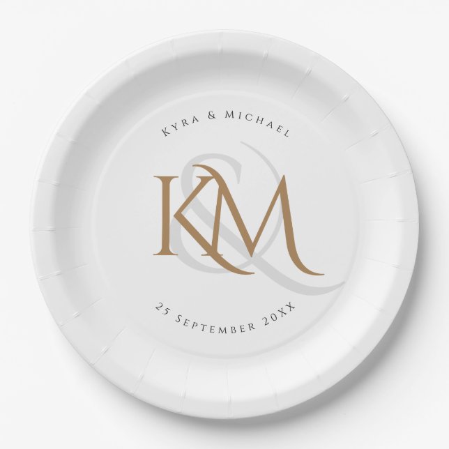 Monogram Modern Gold Script Elegant White Wedding Paper Plates (Front)