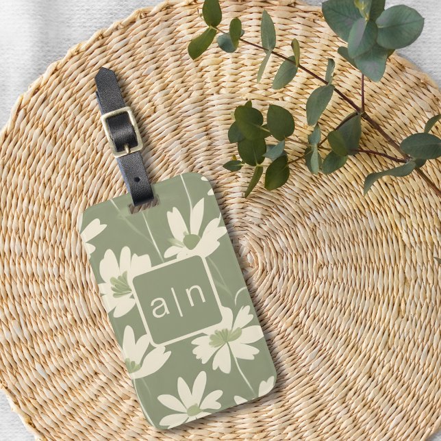 Monogram Modern Green Floral  Luggage Tag (Creator Uploaded)