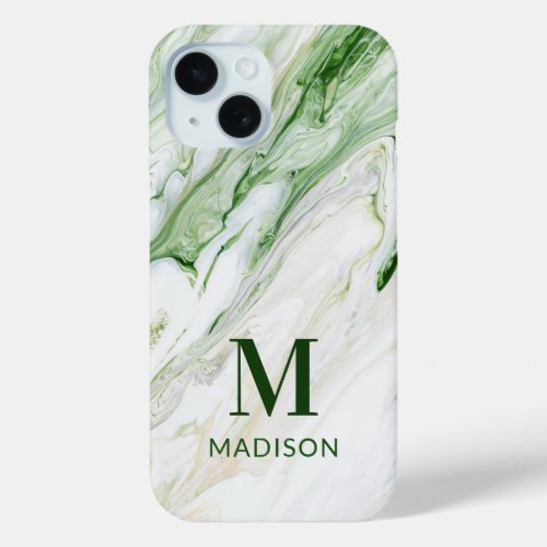 Monogram Modern Green White Stylish Personalized iPhone 15 Case