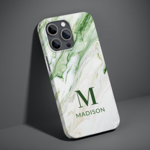 Monogram Modern Green White Stylish Personalized iPhone 11 Case