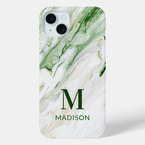 Monogram Modern Green White Stylish Personalized iPhone 15 Plus Case