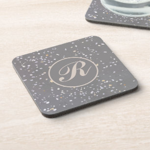 Monogram Modern Grey Terrazzo  Beverage Coaster