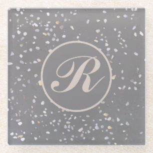 Monogram Modern Grey Terrazzo Glass Coaster