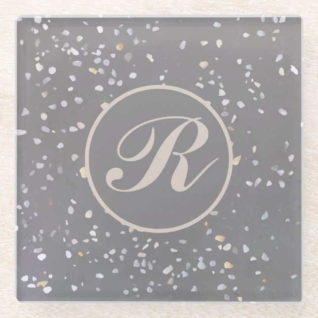 Monogram Modern Grey Terrazzo  Glass Coaster (Front)