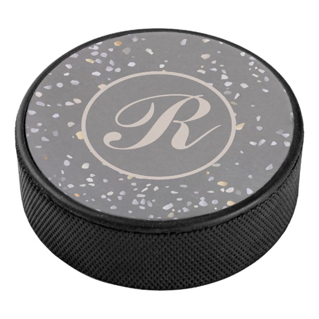 Monogram Modern Grey Terrazzo  Hockey Puck (3/4)