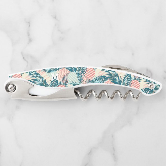 Monogram Modern Grunge Tropical Palm Pattern Waiter's Corkscrew (Front)