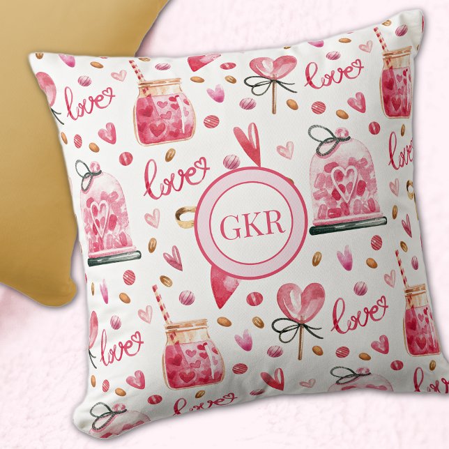 Monogram Modern Happy Valentines Day Throw Pillow (Creator Uploaded)