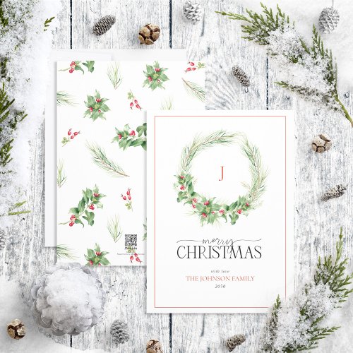 Monogram Modern Holly Berry Wreath Merry Christmas Holiday Card