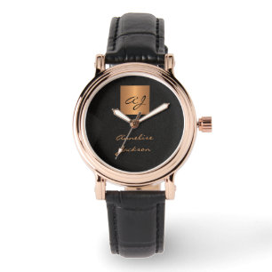 Monogram modern initials black name script elegant watch