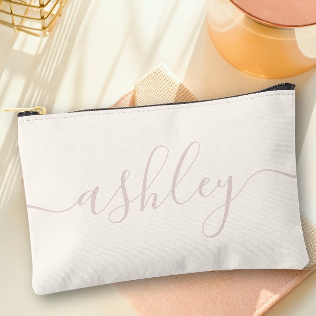 Monogram Modern Ivory Pink Script Calligraphy Accessory Pouch (Creator Uploaded)