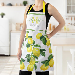 Monogram modern lemons watercolor on rustic wood apron
