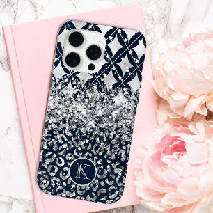 Monogram Modern Leopard Print Glitter Personalized iPhone 15 Pro Max Case