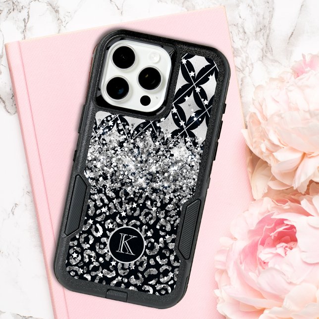 Monogram Modern Leopard Print Glitter Personalized iPhone 15 Pro Max Case (Creator Uploaded)