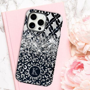 Monogram Modern Leopard Print Glitter Personalized iPhone 15 Pro Max Case