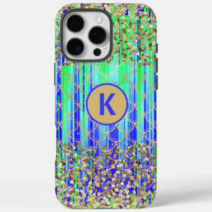 Monogram Modern Mermaid Glitter Green Blue iPhone 16 Pro Max Case