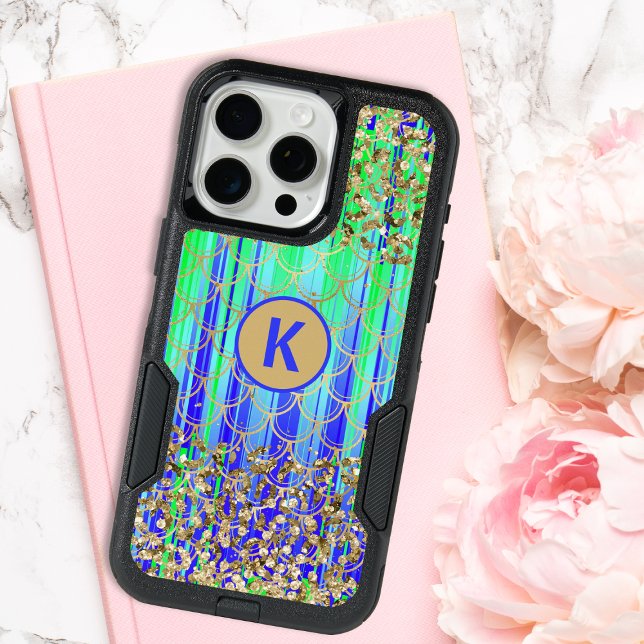 Monogram Modern Mermaid Glitter Green Blue iPhone 15 Pro Max Case (Creator Uploaded)