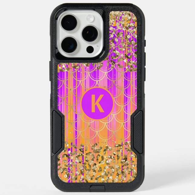 Monogram Modern Mermaid Glitter Purple Orange iPhone 15 Pro Max Case (Back)