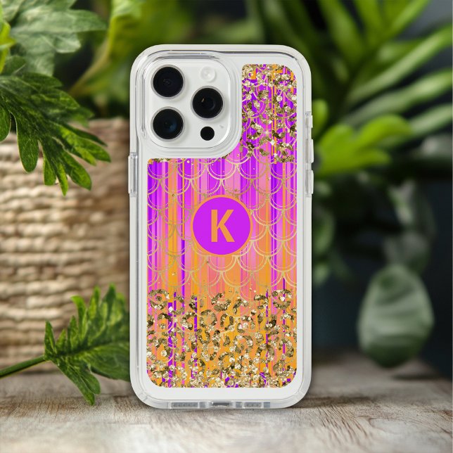 Monogram Modern Mermaid Glitter Purple Orange Speck iPhone Case (Creator Uploaded)