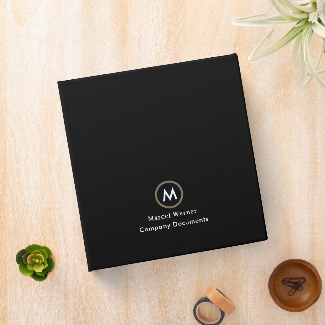 Monogram Modern Minimal Black Company Documents 3 Ring Binder (In Situ)