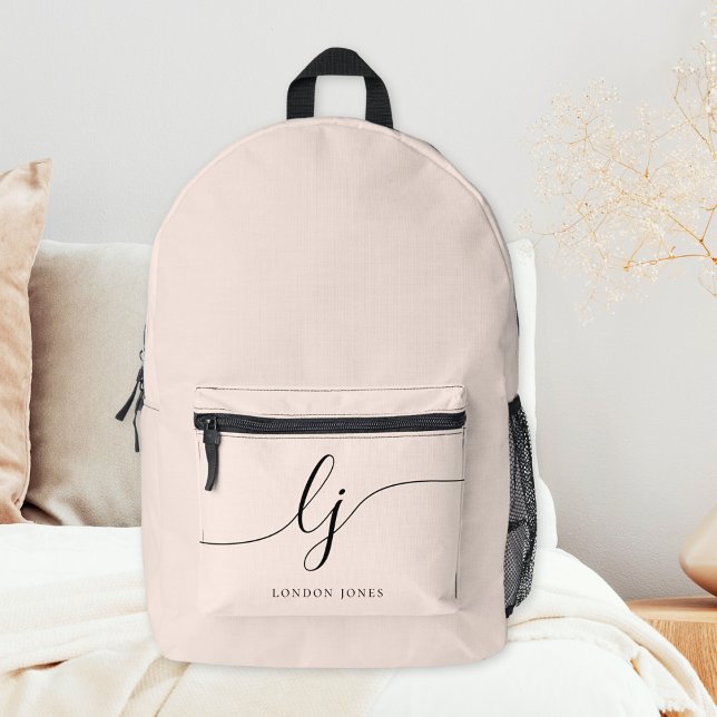 Monogram Modern Minimal Blush Pink Script Initials Printed Backpack (Creator Uploaded)