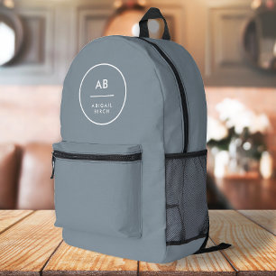 Monogram Modern Minimal Dusky Blue Gray Printed Backpack