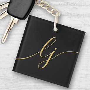 Monogram Modern Minimal Elegant Black Gold Script Keychain