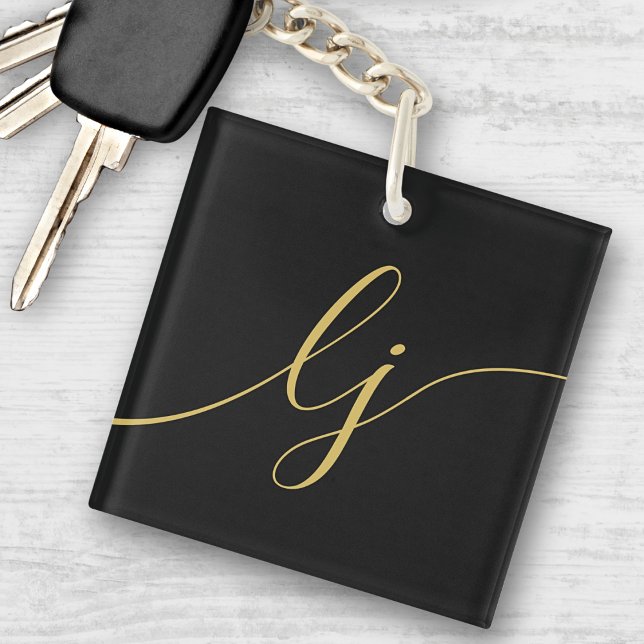 Monogram Modern Minimal Elegant Black Gold Script Keychain (Creator Uploaded)