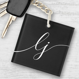 Monogram Modern Minimal Elegant Black White Script Keychain