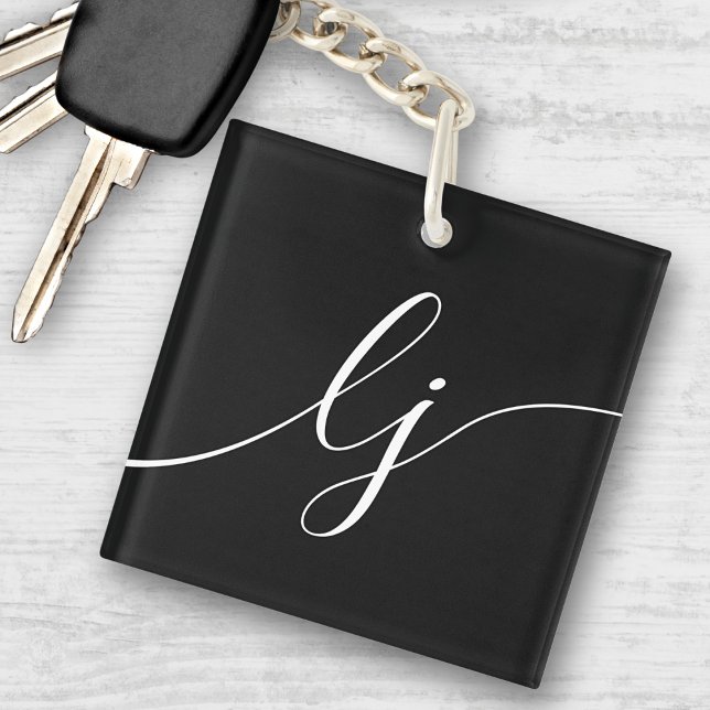 Monogram Modern Minimal Elegant Black White Script Keychain (Creator Uploaded)