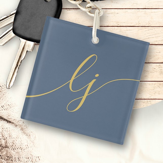 Monogram Modern Minimal Elegant Navy Gold Script Keychain (Creator Uploaded)