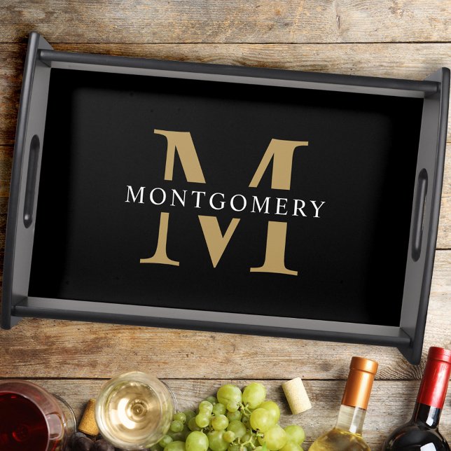 Monogram  Modern Minimal Gold Black Serving Tray (Creator Uploaded)