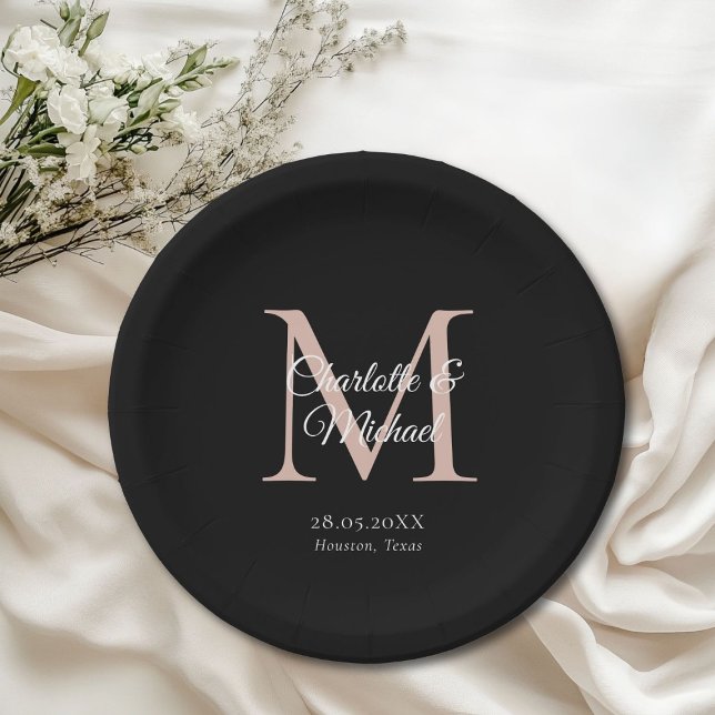 Monogram Modern Minimal Paper Plates (Monogram Modern Minimal Wedding Paper Plates with your names and date.)