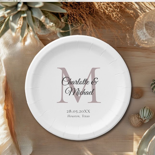 Monogram Modern Minimal Paper Plates (Monogram Modern Minimal Wedding Paper Plates with your names and date.)