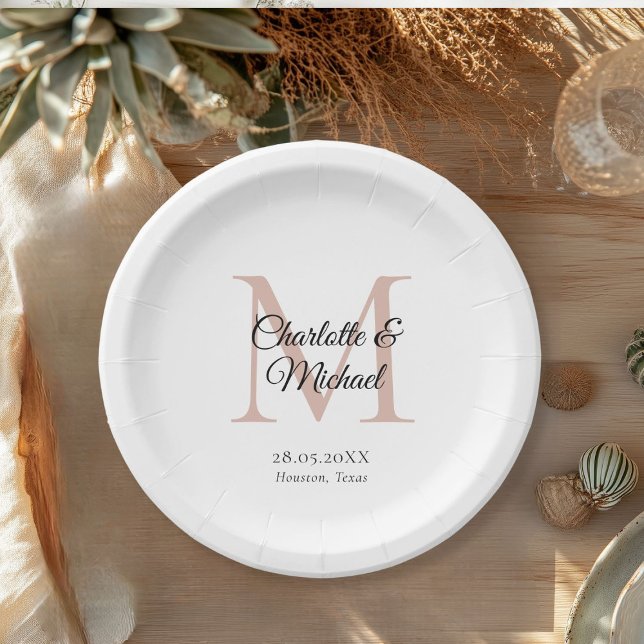 Monogram Modern Minimal Paper Plates (Monogram Modern Minimal Wedding Paper Plates with your names and date.)