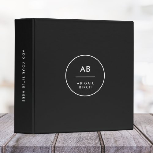 Monogram Modern Minimal Simple Black and White 3 Ring Binder