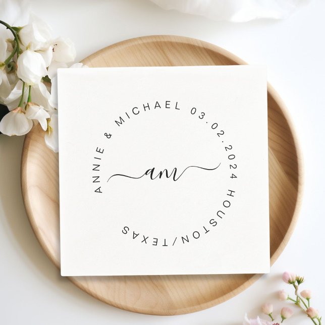 Monogram,Modern, Minimal Wedding Napkins (Monogram, modern, minimal, white wedding napkin. Personalized with your name and date.)