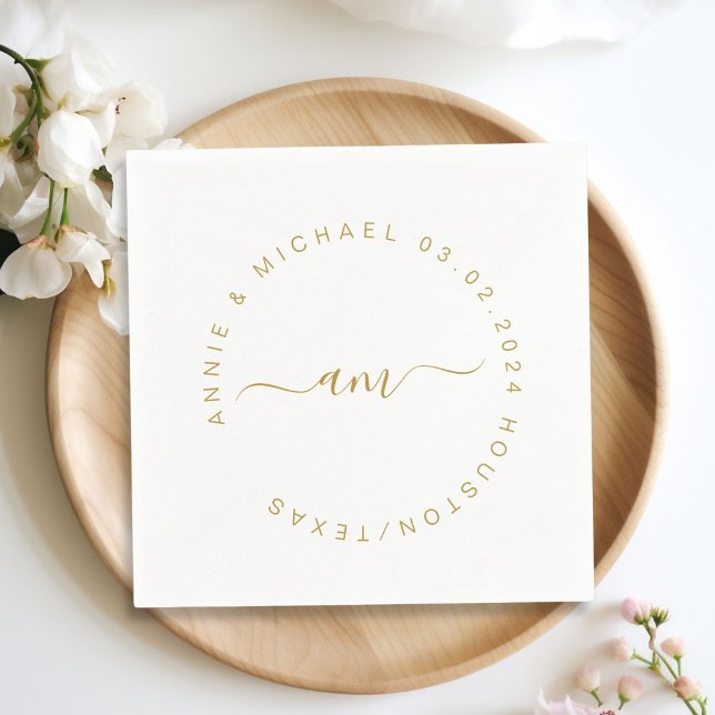 Monogram,Modern, Minimal Wedding Napkins (Monogram, modern, minimal, white wedding napkin. Personalized with your name and date.)
