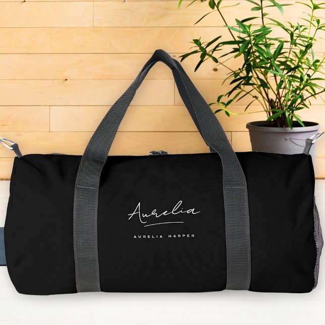 Monogram Modern Minimalist Black Chic Script Duffle Bag (Creator Uploaded)