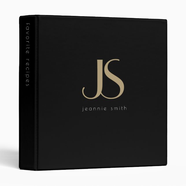 Monogram Modern Minimalist Black Gold Recipe 3 Rin 3 Ring Binder (Front/Spine)