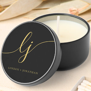 Monogram Modern Minimalist Black Gold Script Mini Candle Favors