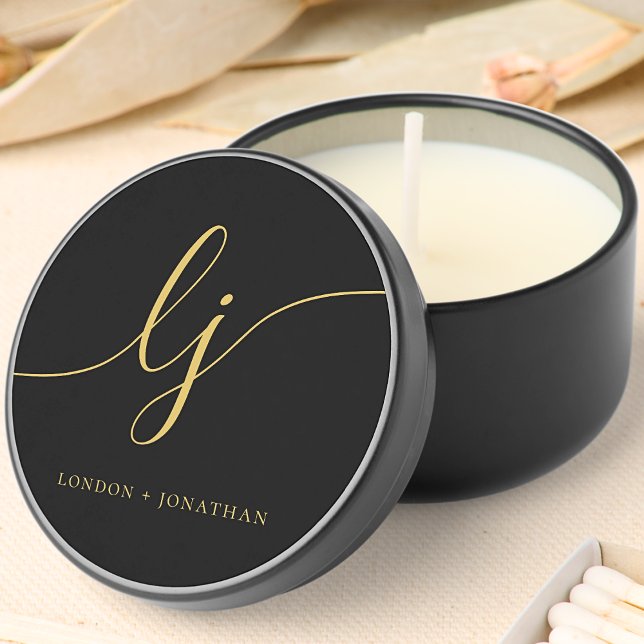 Monogram Modern Minimalist Black Gold Script Mini Candle Favors (Creator Uploaded)